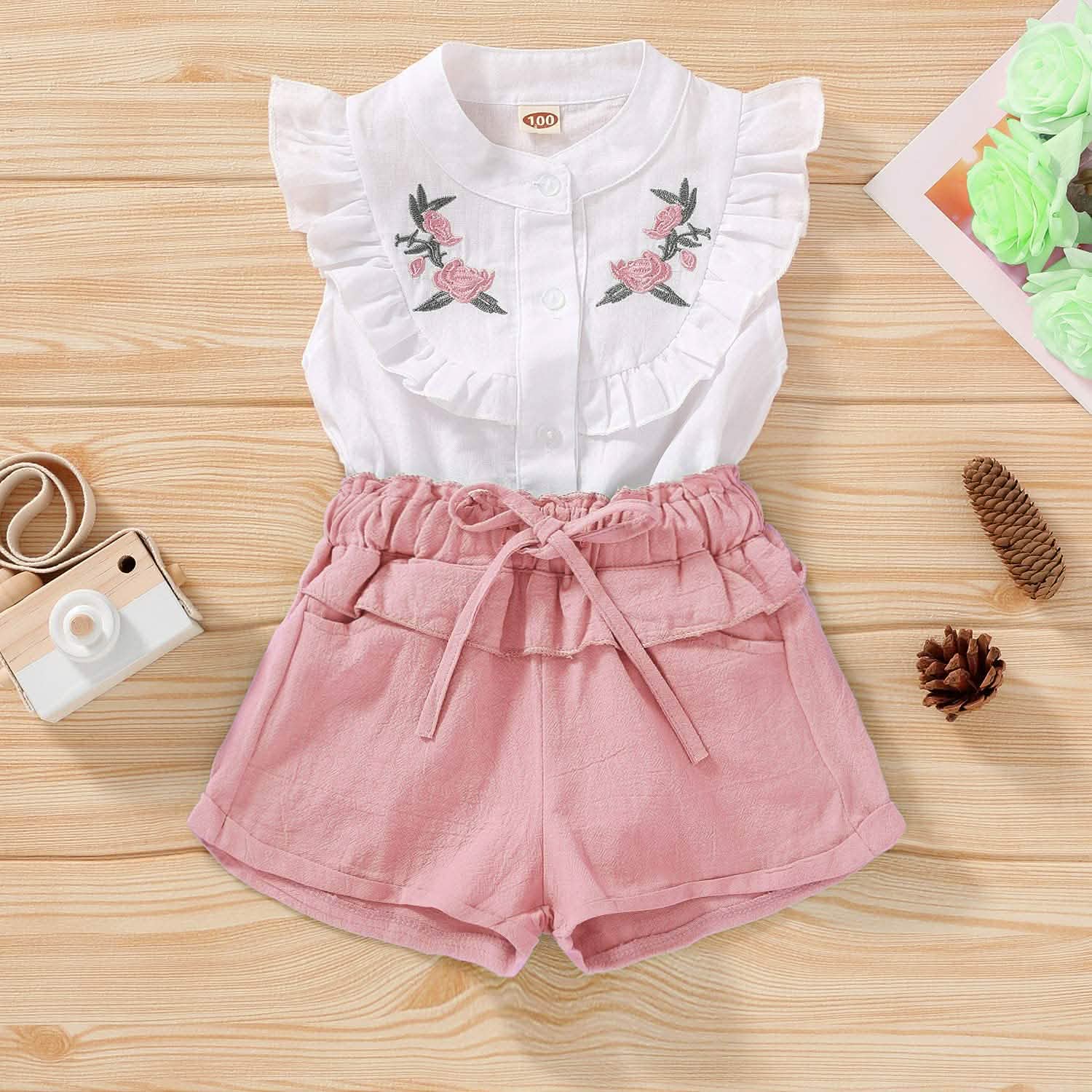 2-Piece: Baby Girls Outfits Clothes T-Shirt Vest Tops + Shorts Pants